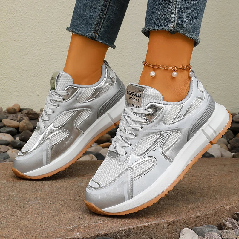 Breathable Mesh Gold Platform Sneakers Women 2026 New Non Slip Lace Up Sports Shoes Woman Silver Thick Bottom Vulcanized Shoes