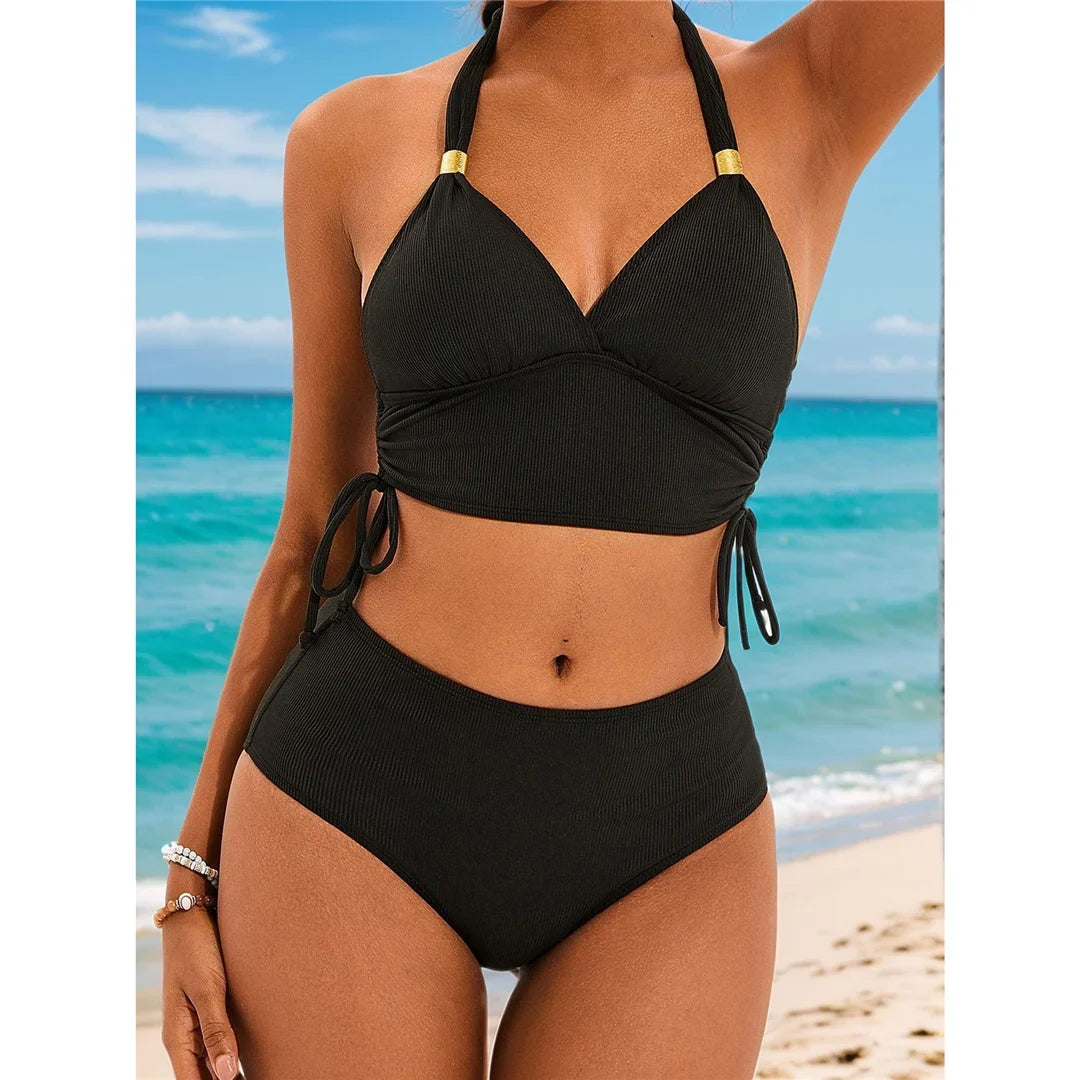 S - XXL 2026 Ribbed Halter Mid Waist Bikini Female Swimsuit Women Swimwear Two-Pieces Bikini Set Bather Bathing Suit Swim V6447