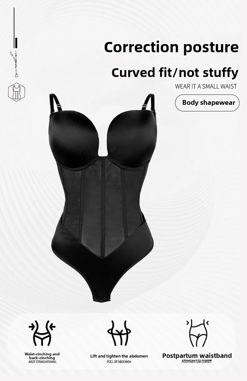 1pc Sexy Corset Solid Color Deep V Neck Contouring Onesie Belly Control Waist Trainer Slimming Thong Shapewear Women'S Lingerie