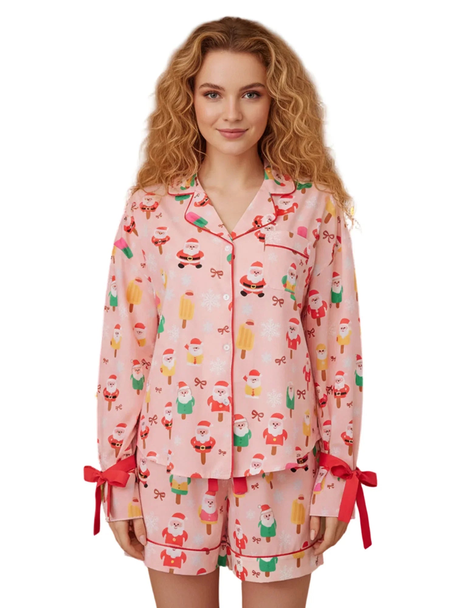 Women 2 Piece Christmas Pajama Set Santa Print Long Sleeve Button-up Tops and Elastic Waist Shorts Satin Fall Sleepwear