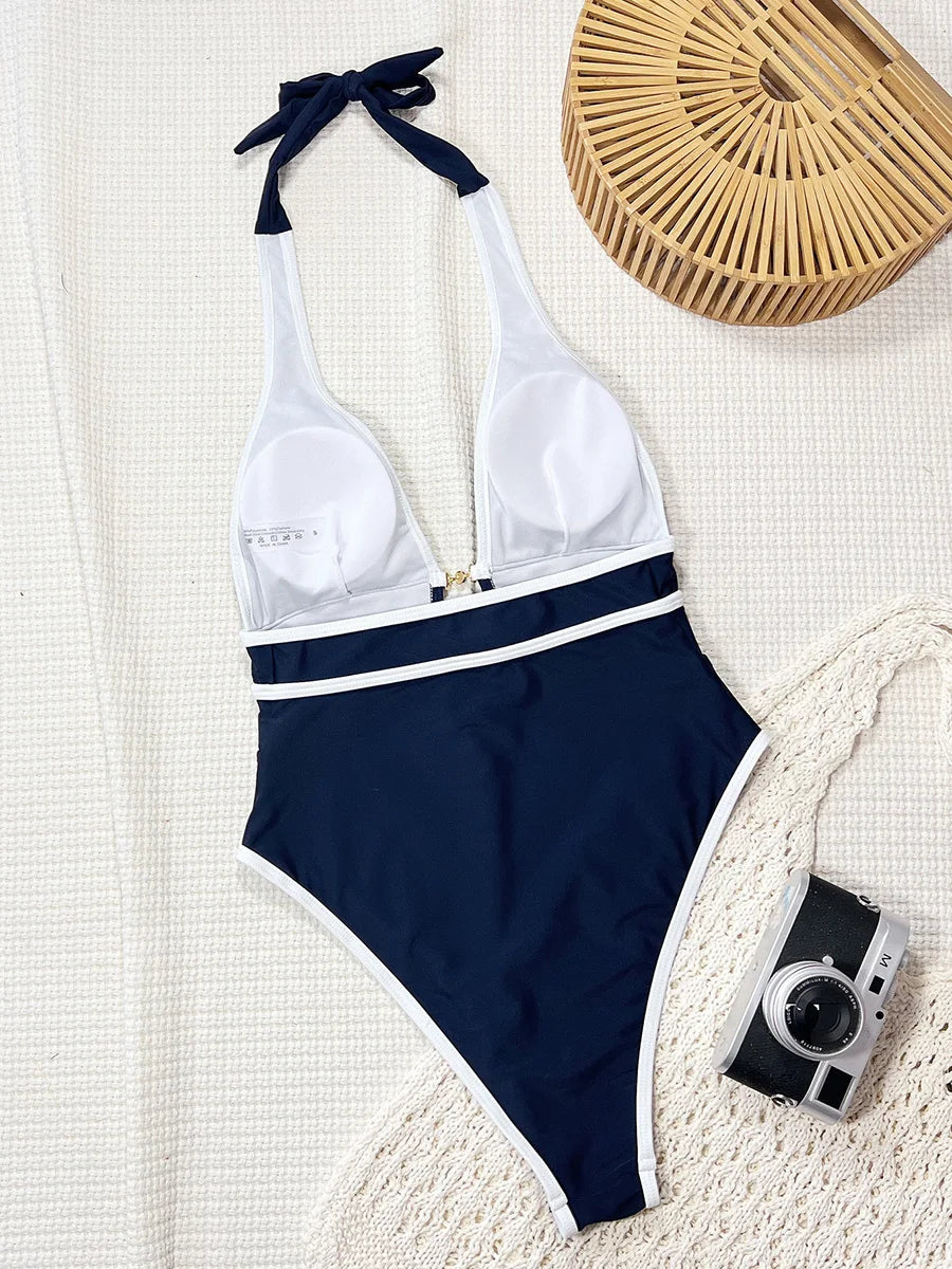 Tiger Printed Halter Deep V Neck One Piece Swimsuit Women Swimwear Female Backless Monokini High Cut Bathing Suit Swim Bodysuit