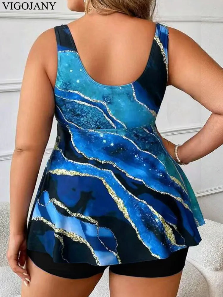 VigoJany 2026 Sexy Strapped 2 Piece Plus Size Tankini Set Women Print High Waist Curvy Swimsuit Brazilian Lady Big Bathing Suit