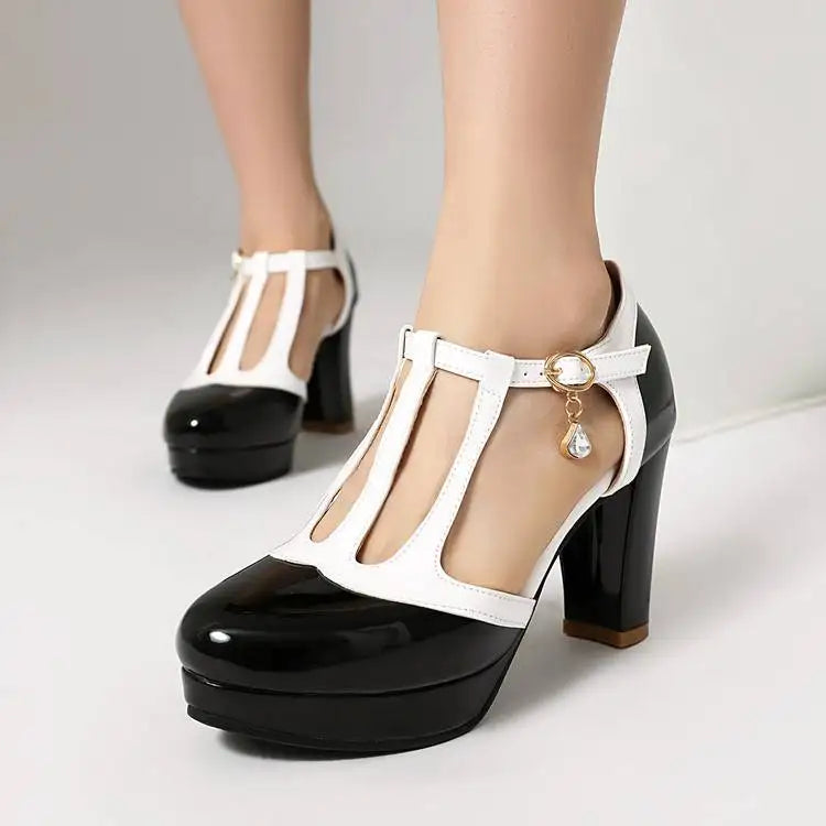 Spring Autumn New Style Fashion High-heeled Women's Shoes Color Block Round Head Shallow Mouth Buckle Square Heel Women's Shoes