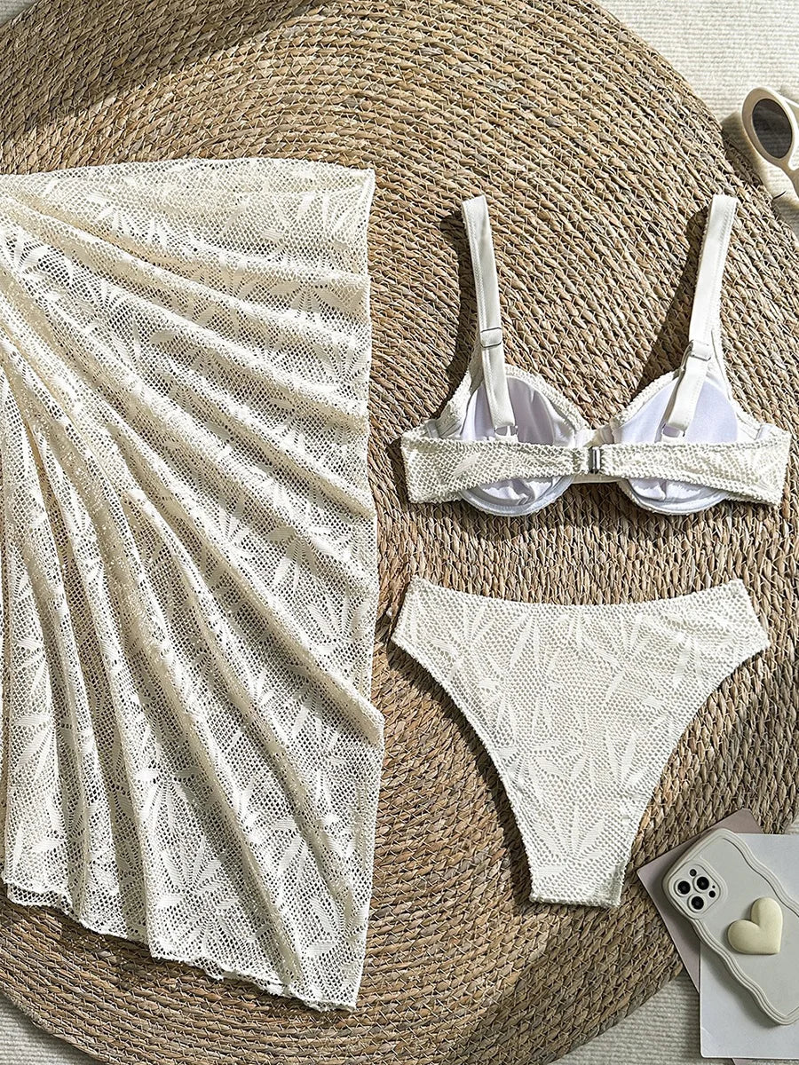 With Mesh Skirt Underwired Bra Cup Bikini Women Swimwear Female Swimsuit Three-pieces Bikini Set Bathing Suit Swim Beachwear