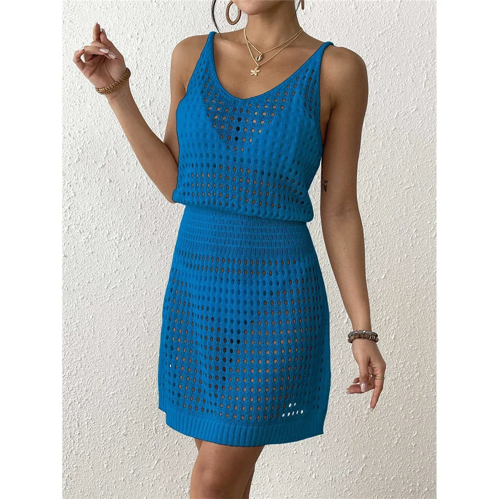 S - XL V Neck Hollow Out Crochet Knitted Tunic Beach Cover Up Cover-ups Beach Dress Mini Beach Wear Beachwear Female Women V7048