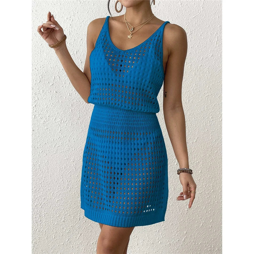 S - XL V Neck Hollow Out Crochet Knitted Tunic Beach Cover Up Cover-ups Beach Dress Mini Beach Wear Beachwear Female Women V7048