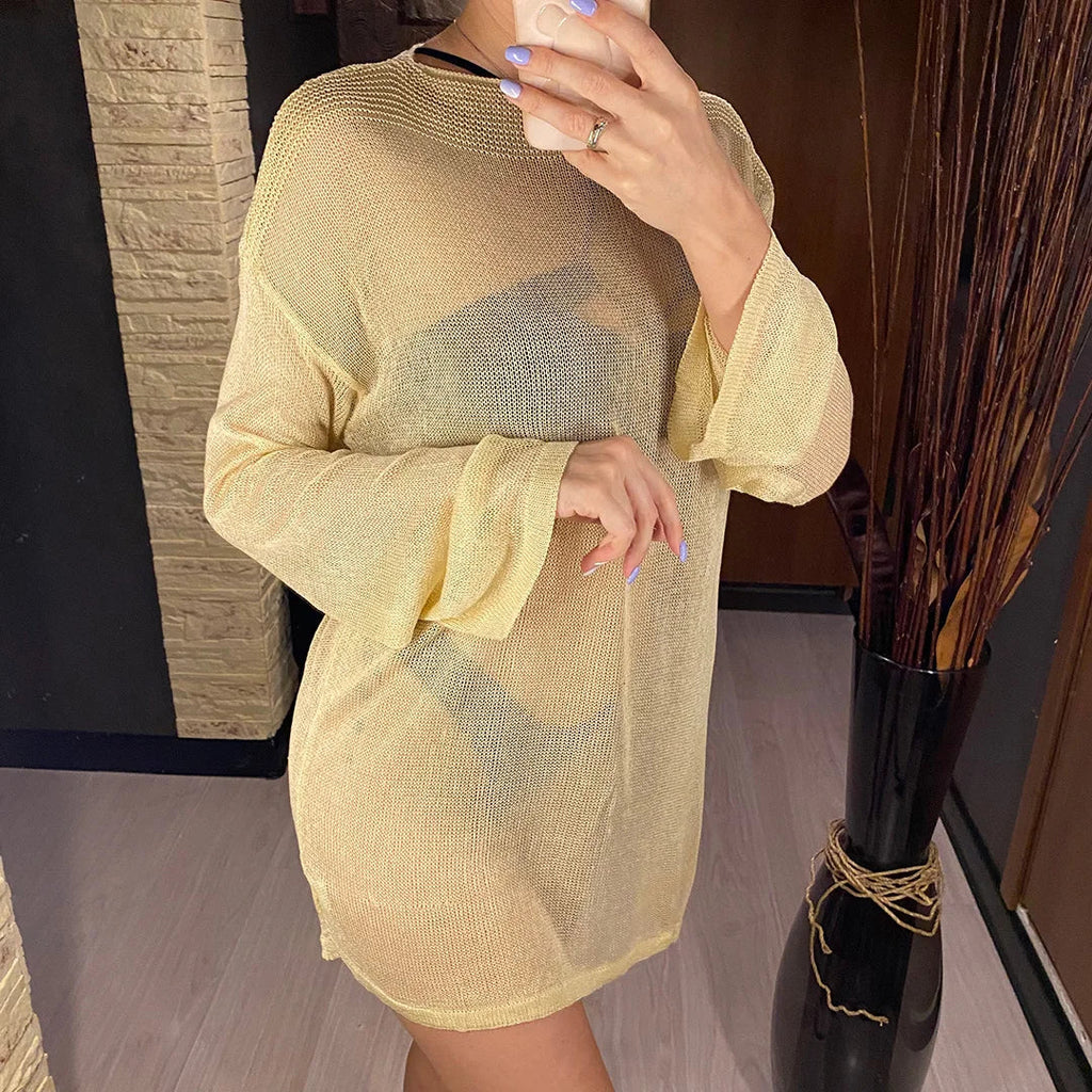 Sexy Long Sleeve See Through Top  Mesh Sheer Tunic Beach Cover Up Cover-ups Beach Dress Beach Wear Beachwear Female Women V3557