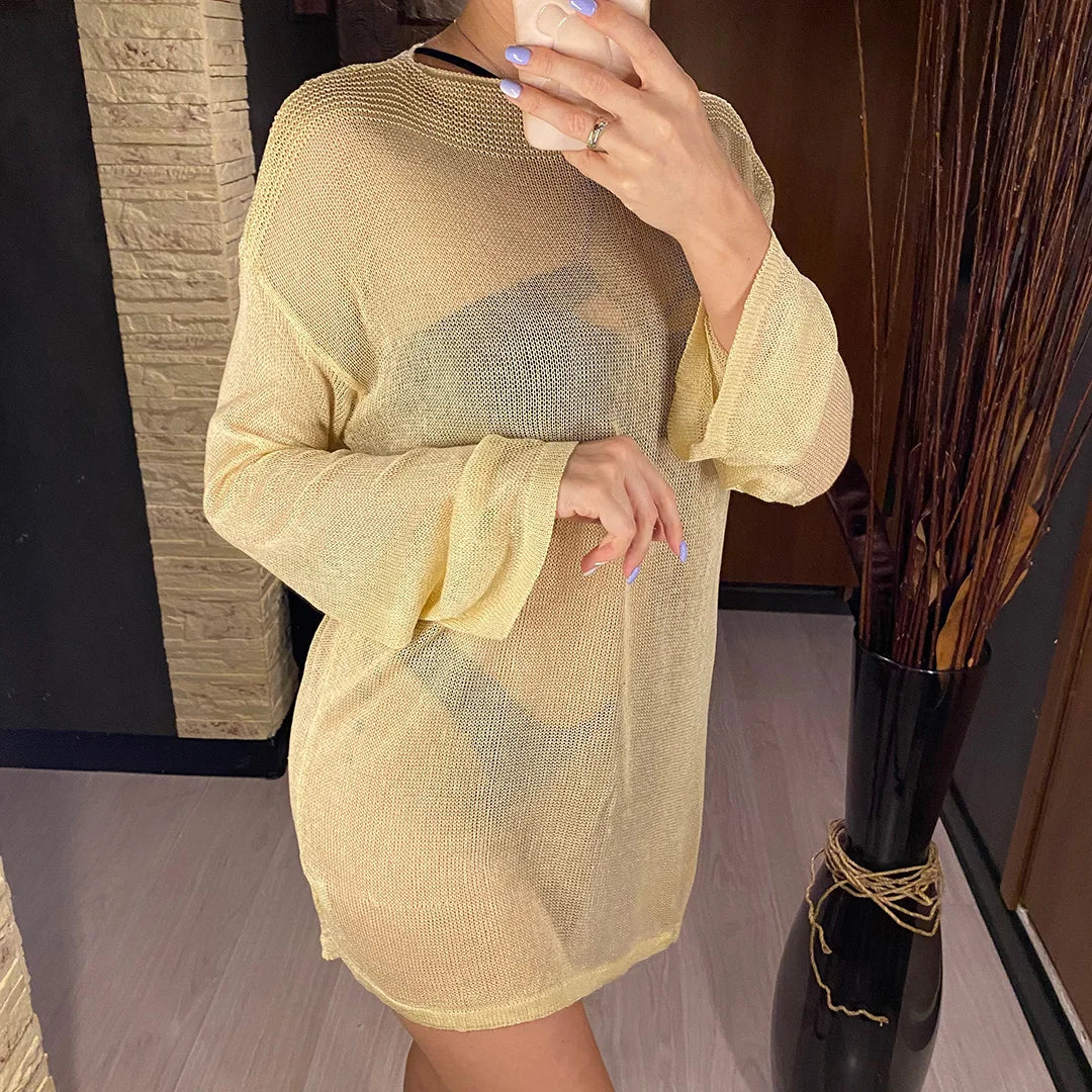 Sexy Long Sleeve See Through Top  Mesh Sheer Tunic Beach Cover Up Cover-ups Beach Dress Beach Wear Beachwear Female Women V3557