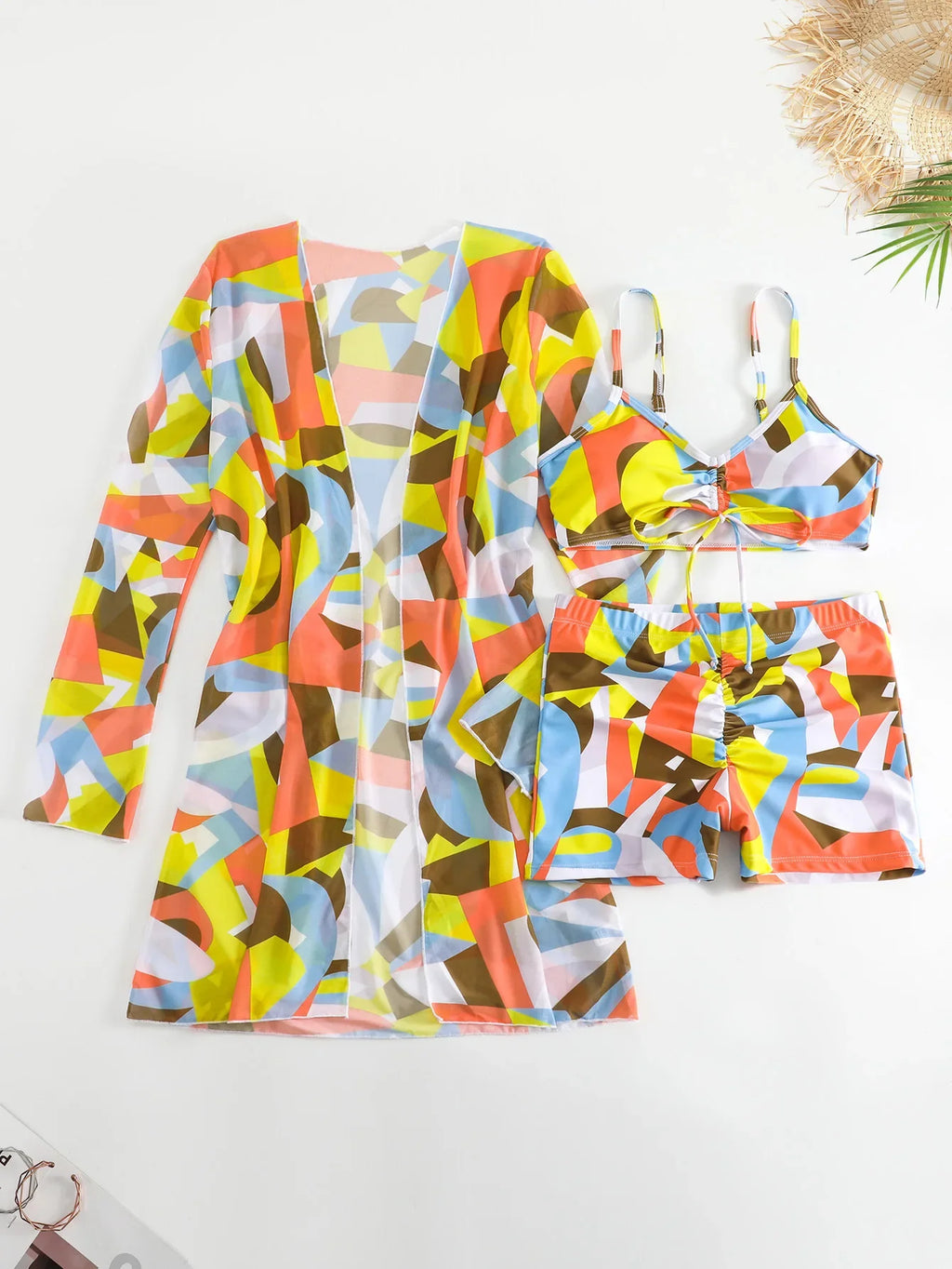 New Sexy 3 Pieces Suit for Women Neck Hanging Bikini Set+Cover-up Swimwear Sunproof Tankini High Waist Shorts Swimsuit Beachwear