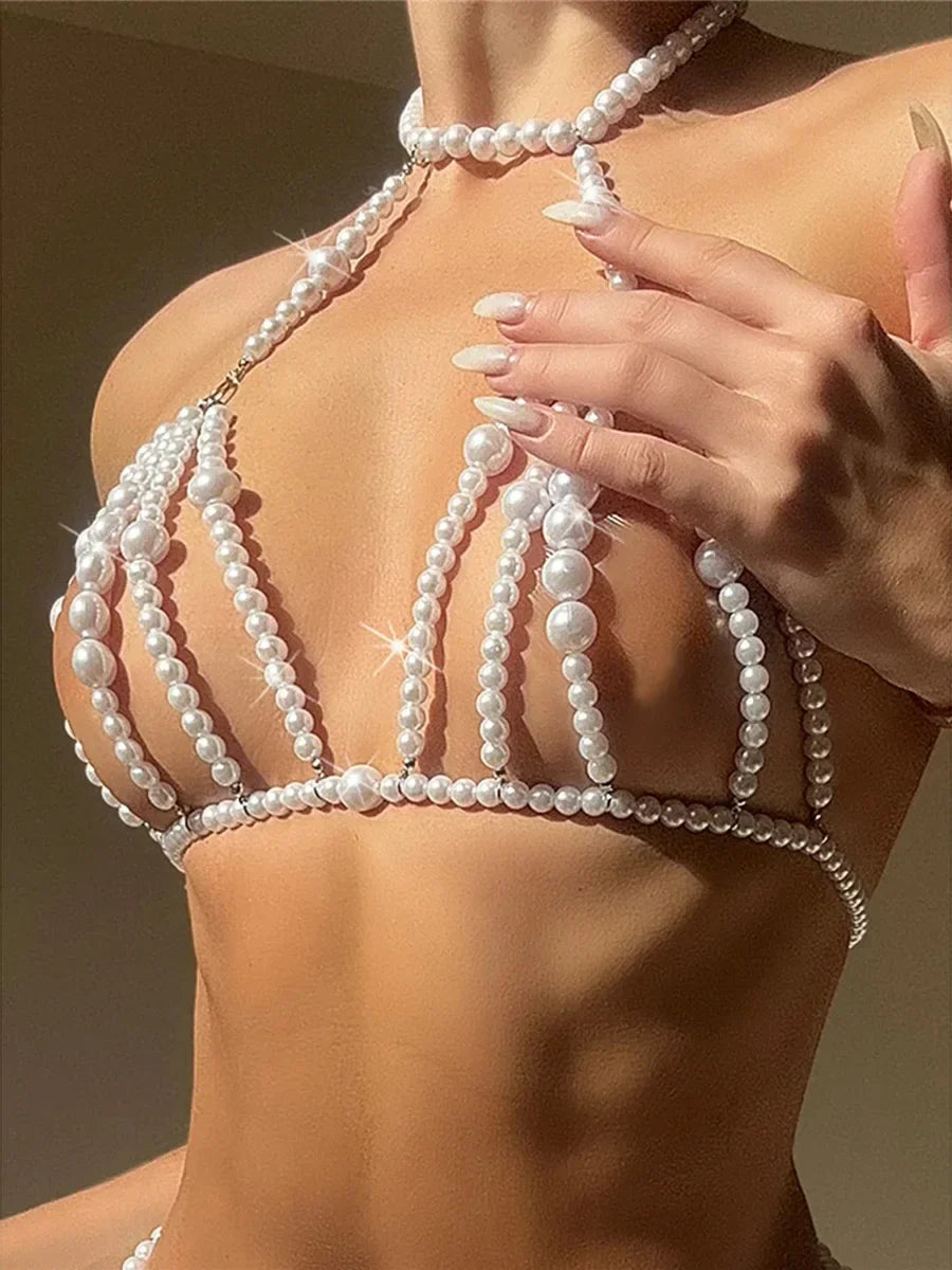 Luxury Pearls Chain Fringe Tassel Bikini Bottom Swim Brief Women Swimwear Female Bather Brazilian Tanga Panties Underwear
