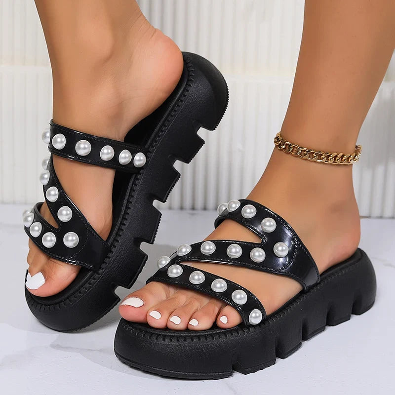 Rome Style Bead Thick Bottom Sandals Women 2026 Summer Pearls Chunky Platform Sandals Woman Anti Slip Outdoor Casual Slippers