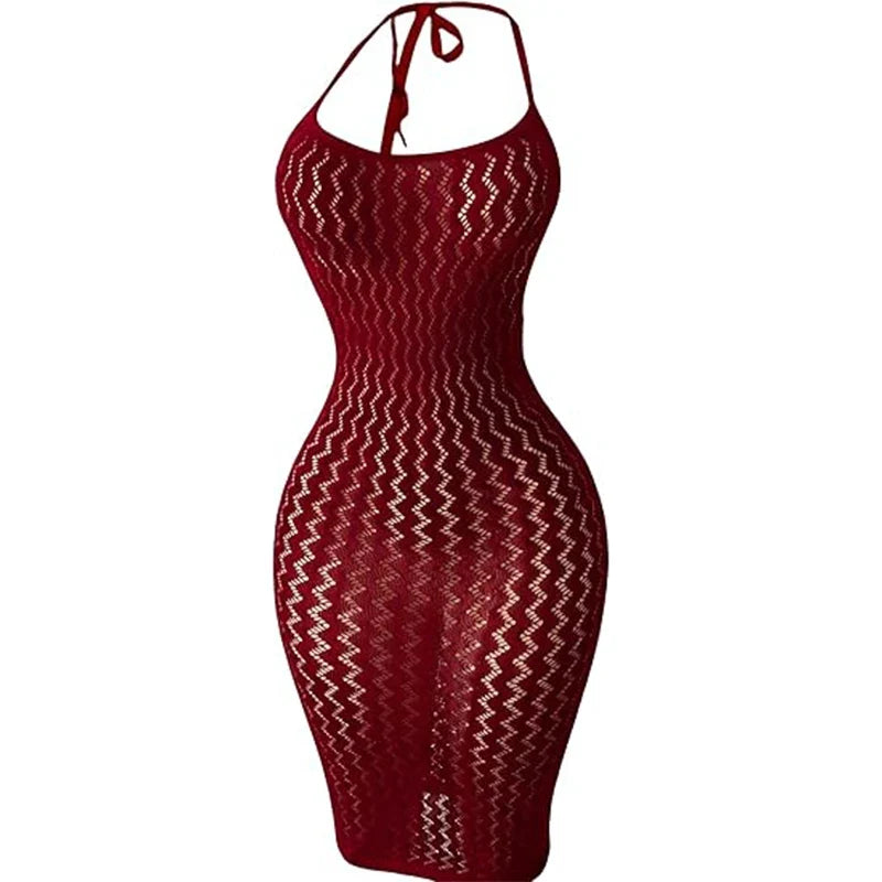 1PC Women Sexy Fishnet Beach Cover Up Hollow Out Bodycon Dress See Through Summer Swimwear