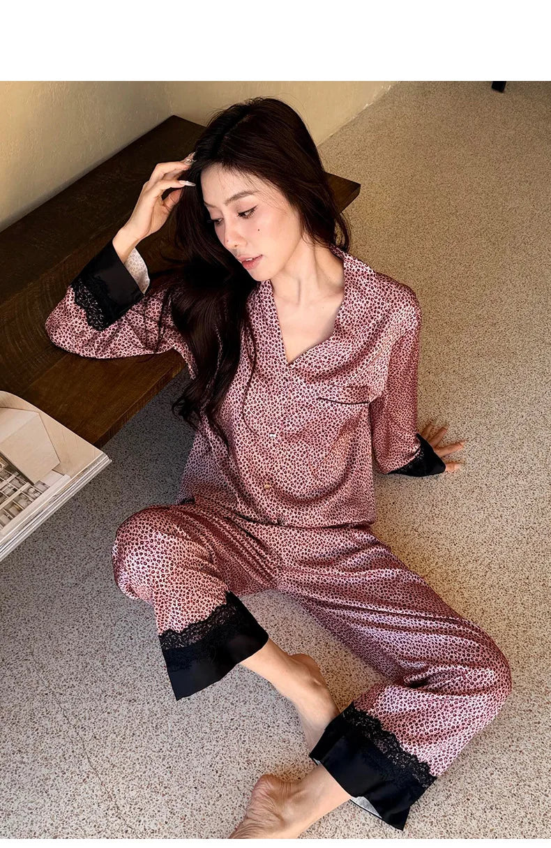 2026 Pajamas for Women Ice Silk Sexy Lace Small Leopard Print Long Sleeve Home Clothes Pajamas Set Can Be Weared Outside