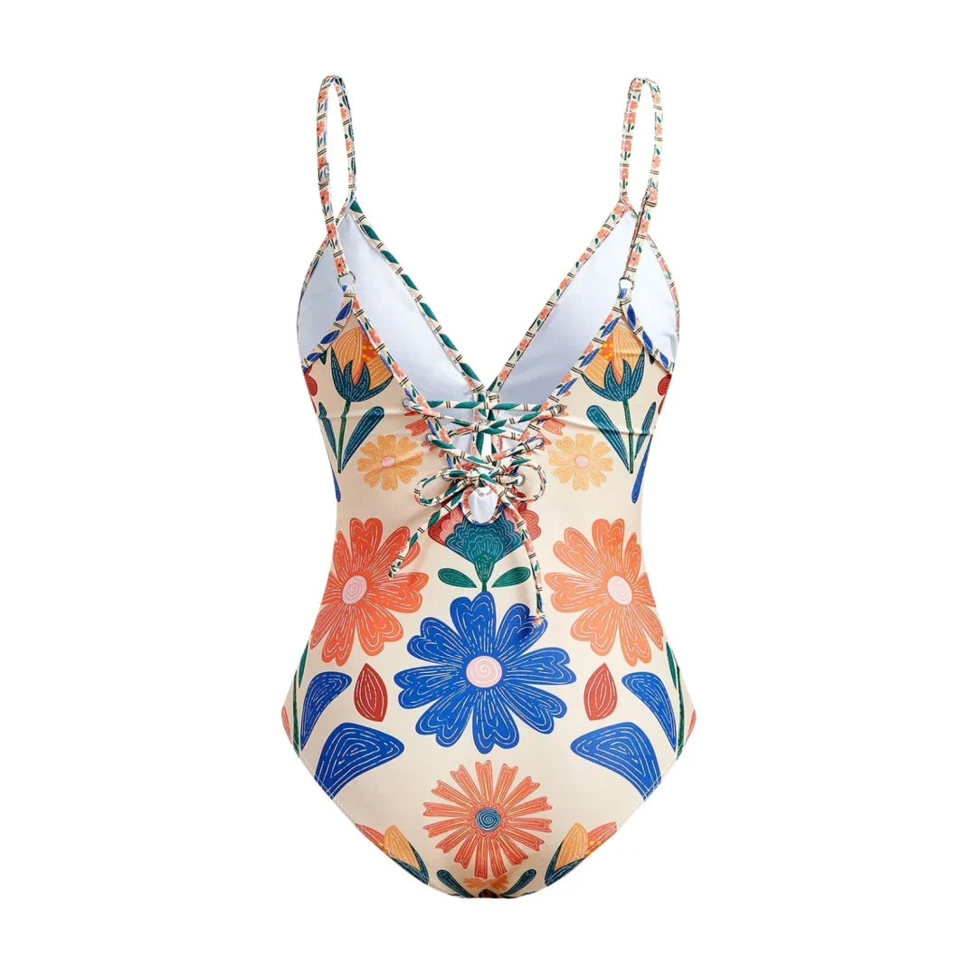S - XL New Floral Printed With Skirt Women Swimwear V Neck High Leg Cut Bather Bathing Suit Swim One Piece Swimsuit Female K8041