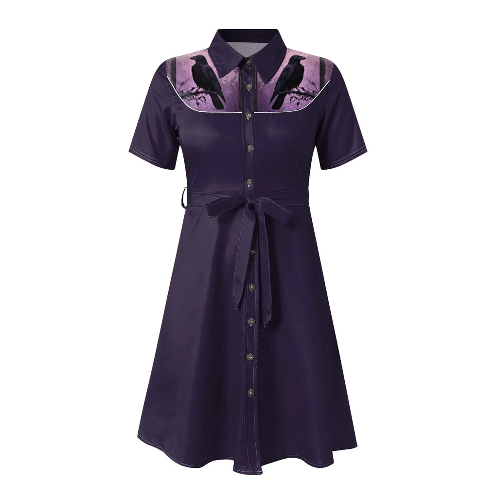 Western Cowgirl Printed Dress Halloween Cosplay Costume Summer Cowboy Button-Down Dress Short Sleeves 100% Cotton Sexy Dress