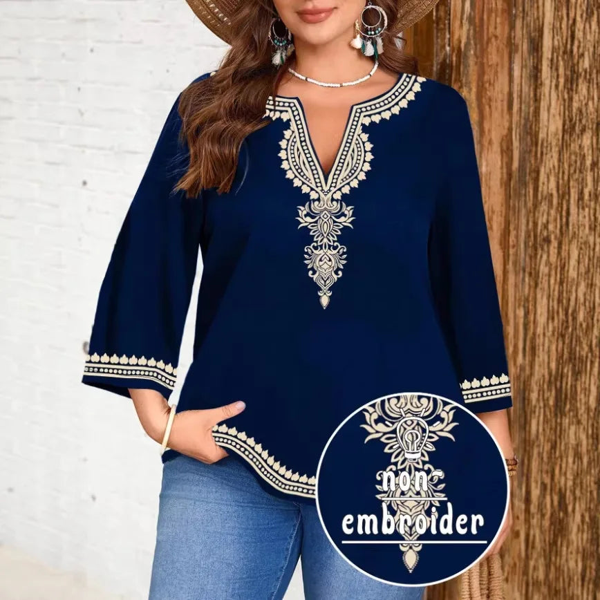 Women's Casual Printed Three Quarter Sleeve Shirt Tops Large Size Women's Tops Loose and Comfortable