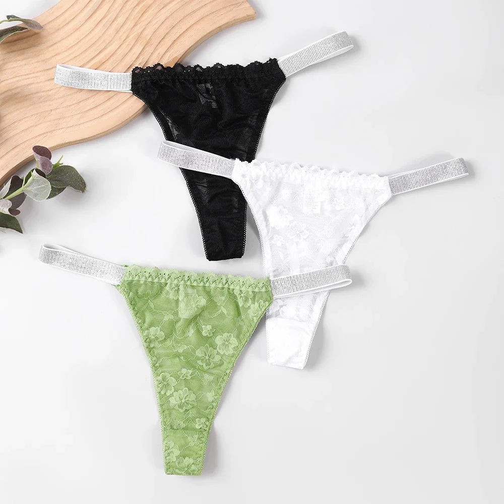 3 Pcs Plus Size Womens Sexy Lace Thongs Breathable and Comfortable Stretch Underwear Lace-Trimmed Designs with Elegant