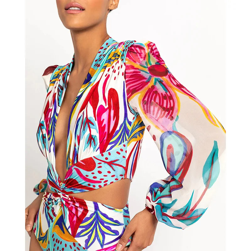 One Piece Swimsuit Sexy Long Sleeve Tropical Print Swimwear Women Bandage Monokini Hollow Out Bathing Suit String Beachwear 2023