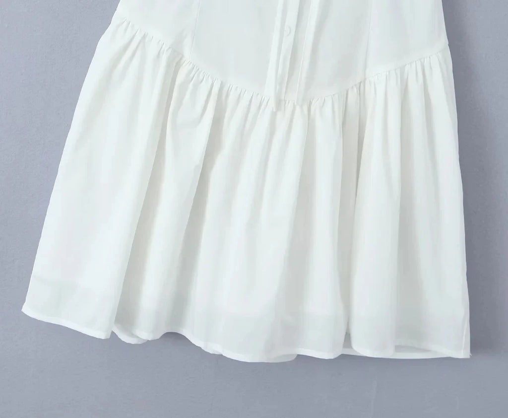 Foridol Bowknot Smocked White Short Dress Women Summer Cotton Mini Sleeveless Tank Sundress Beach Chic Buttons Dress for Petite
