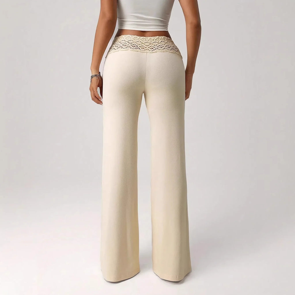 2026 New Women Elegant Solid Color Lace Trim High Waist Wide Leg Pants Casual Loose Palazzo Trousers
