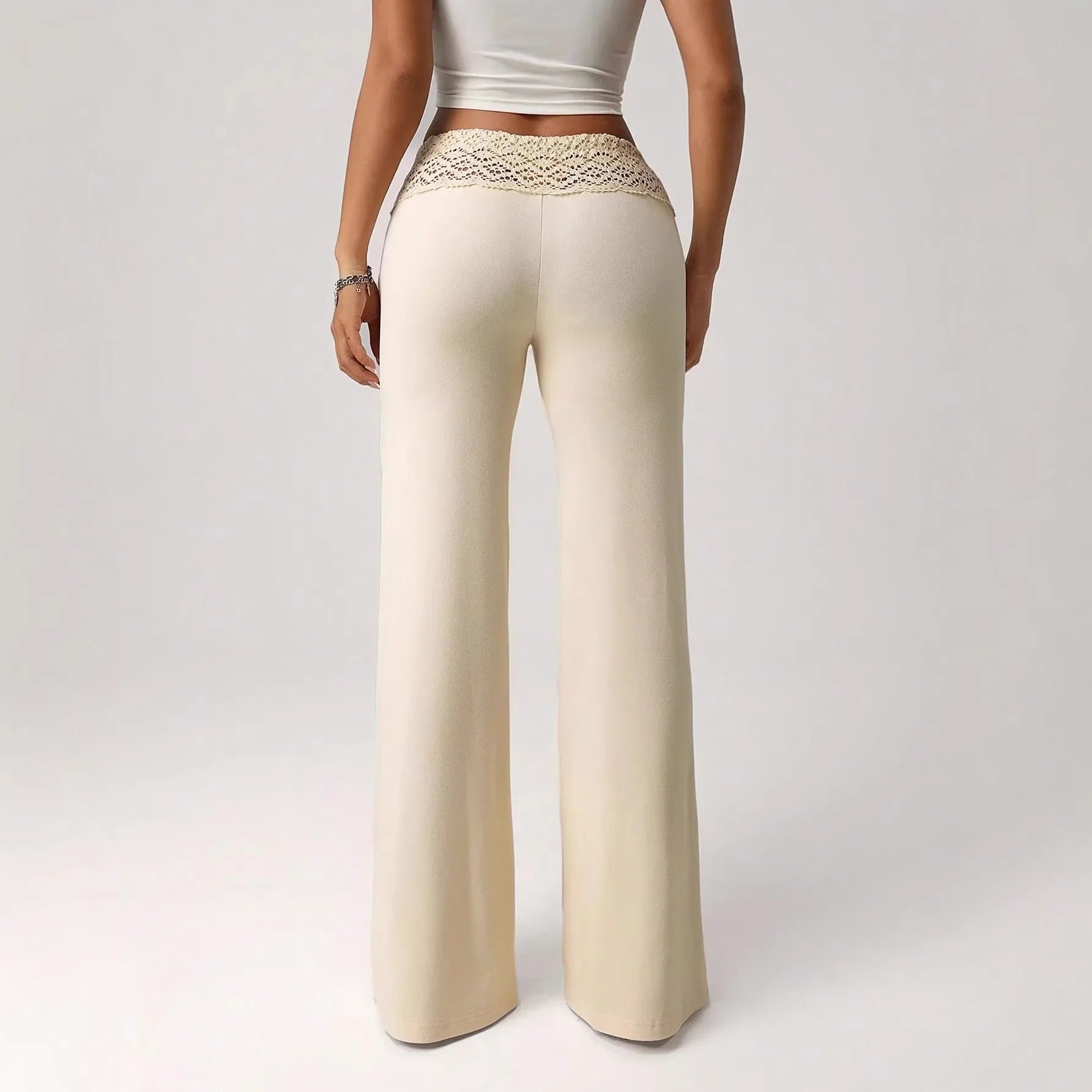 2026 New Women Elegant Solid Color Lace Trim High Waist Wide Leg Pants Casual Loose Palazzo Trousers