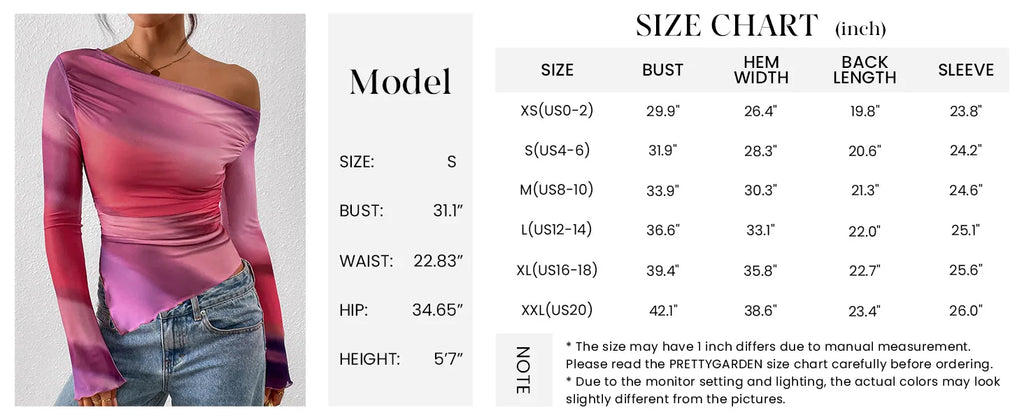 Women's Off-Shoulder Ruffled Sleeve Long-Sleeve Top with Asymmetrical Tie-Dye Mesh Asymmetrical Pleated Floral Print T-Shirt
