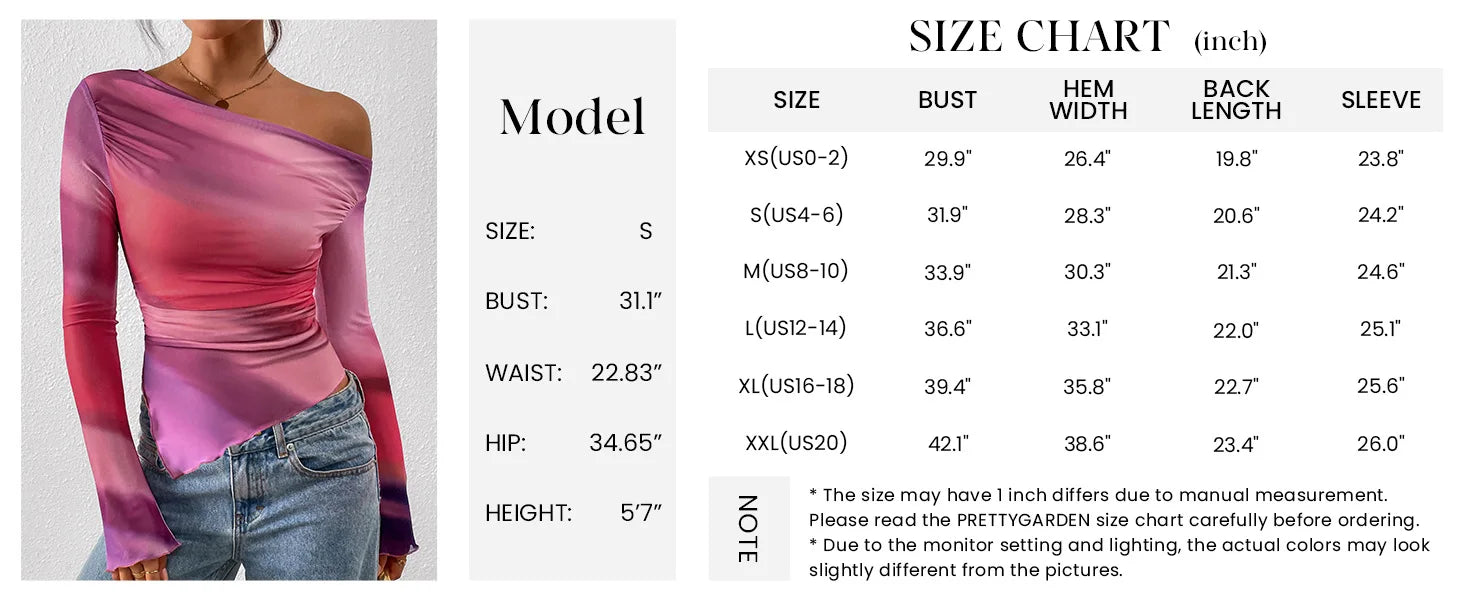 Women's Off-Shoulder Ruffled Sleeve Long-Sleeve Top with Asymmetrical Tie-Dye Mesh Asymmetrical Pleated Floral Print T-Shirt