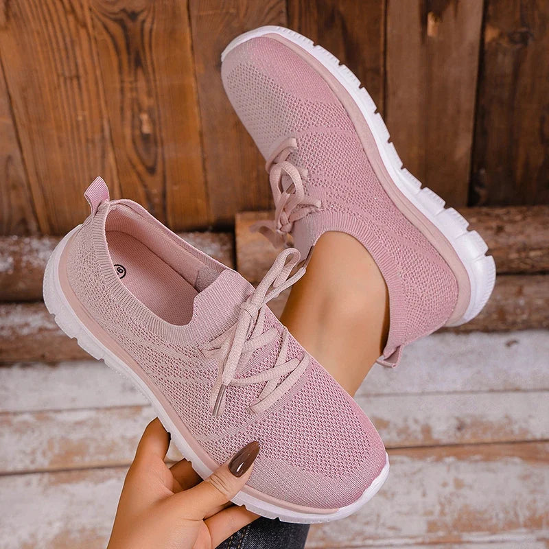 Breathable Mesh Sports Flat Shoes Women Plus Size 43 Slip On Knitted Platform Sneakers Woman Comfortable Soft Sole Running Shoes