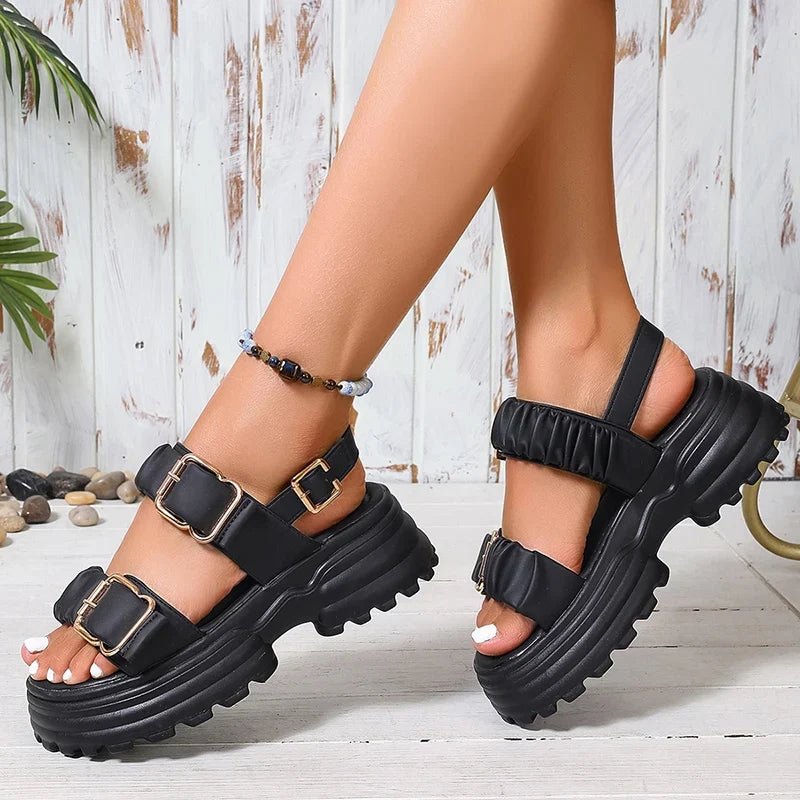 Fashion Buckle Platform Sandals Women 2026 Summer Pleated Pu Leather Rome Sandals Woman Plus Size 42 Thick Bottom Sandalias