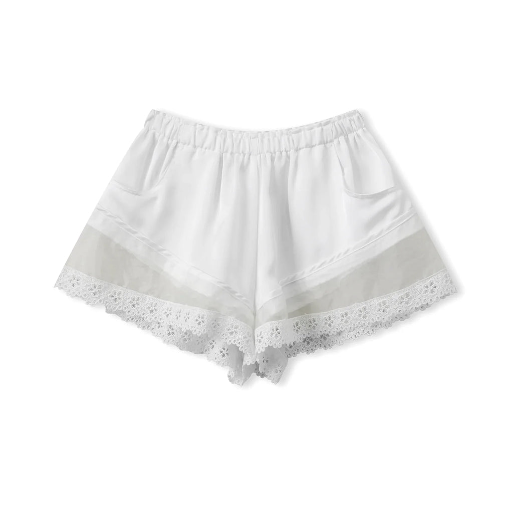 Women Elastic Waistband Lace Trim Streetwear Shorts Summer Solid Color Casual Loose Shorts with 2 Pockets