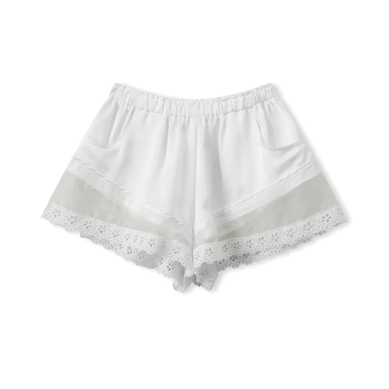 Women Elastic Waistband Lace Trim Streetwear Shorts Summer Solid Color Casual Loose Shorts with 2 Pockets