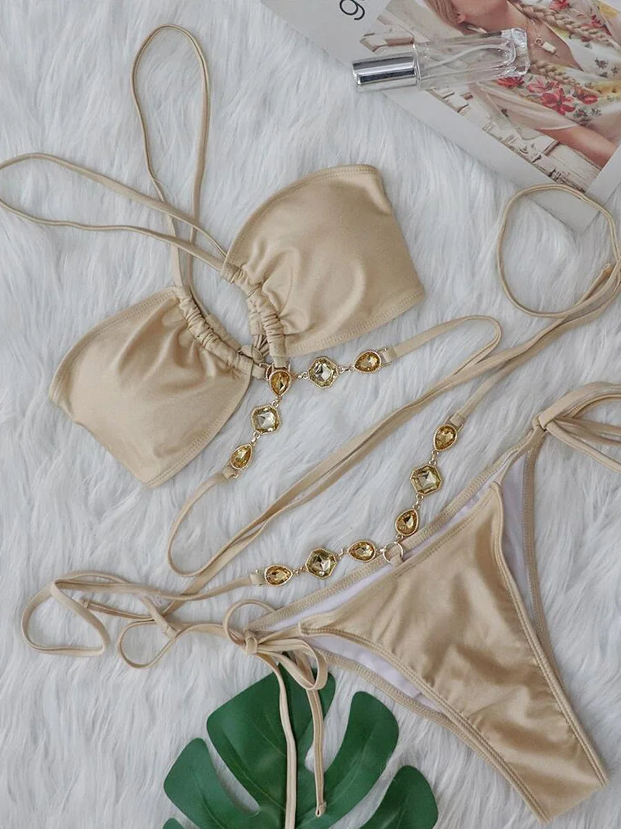 Wrap Around Halter Rhinestones Diamond Bikini Women Swimsuit Female Swimwear Two-pieces Bikini Set Bathing Suit Swim Beach Wear