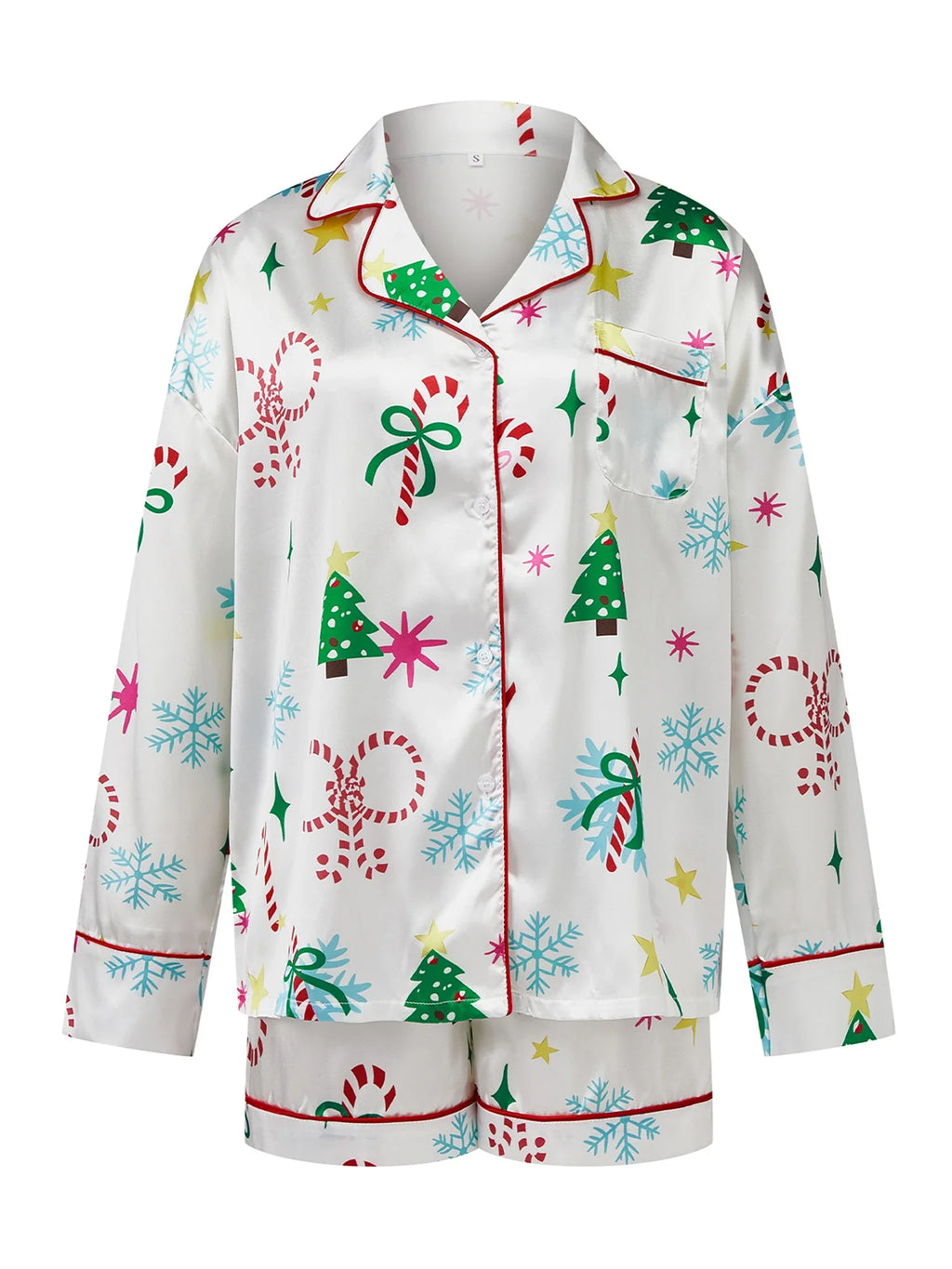 Women's Christmas Satin Pajama Set Long Sleeve Lapel Santa Claus/Christmas Tree Print Shirt Shorts Two Pieces Sleepwear