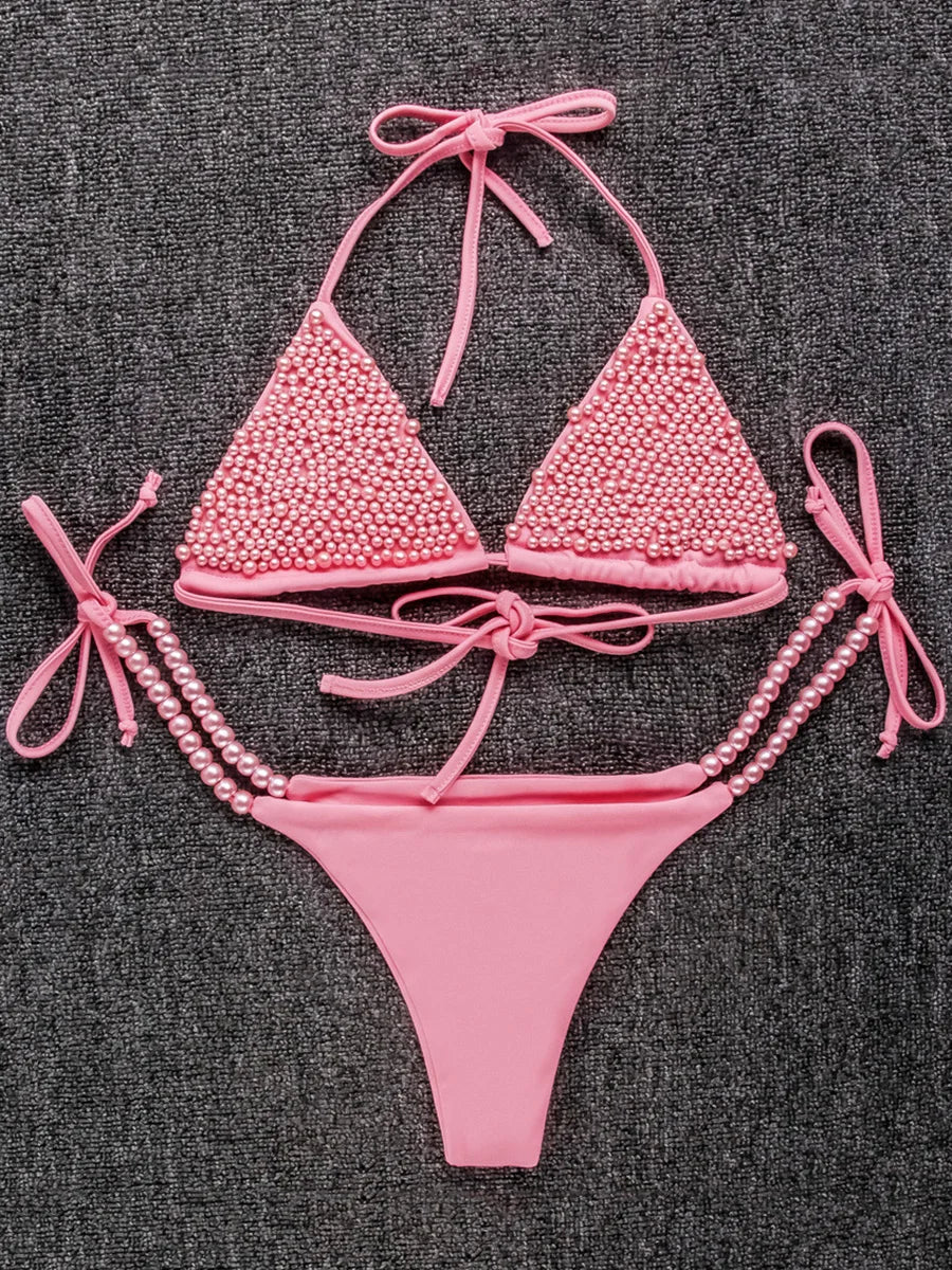 2026 Luxury Pearls Halter Mini Bikini Female Swimsuit Women Swimwear Two-pieces Bikini Set Bather Bathing Suit Swim Beachwear
