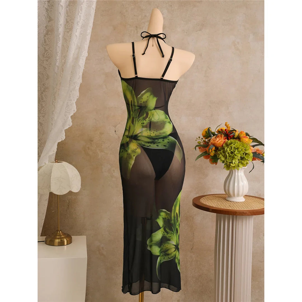 With Floral Dress Printed Halter Bikini Female Swimsuit Women Swimwear Three-pieces Bikini set Bather Bathing Suit Swim V8204