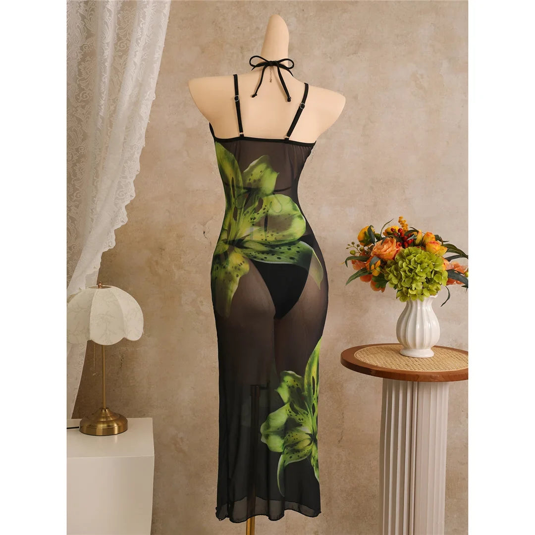 With Floral Dress Printed Halter Bikini Female Swimsuit Women Swimwear Three-pieces Bikini set Bather Bathing Suit Swim V8204