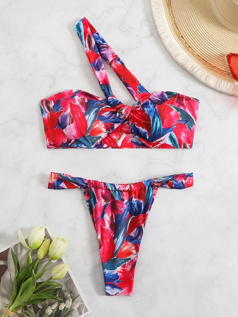 2025 Printed One Shoulder Bikini Women Sexy Swimwear Female Thong Swimsuit Bathers Bathing Swimming Swim Suit Beachwear Summer
