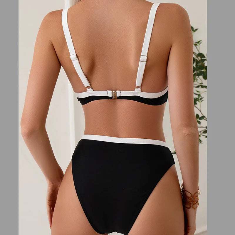 Sexy Black White Patchwork Bikini 2024 Women Halter V Underwire Push Up Micro Swimsuit Beach Bathing Suit High Waist Swimwear