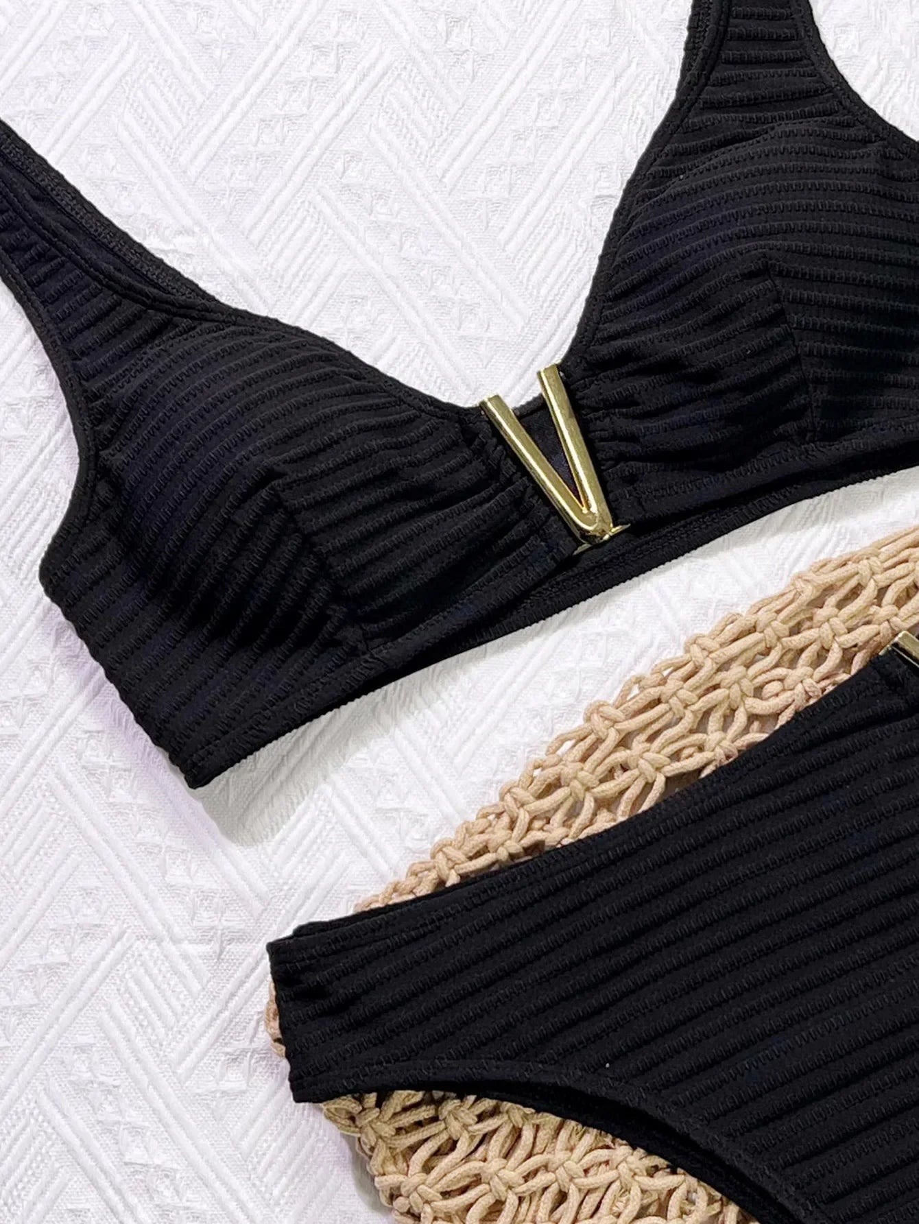 Sexy Black V Neck Bikini 2025 Women Ribbed Push Up Metal High Waist Swimsuit Summer Holiday Bathing Suit Two Piece Swimwear