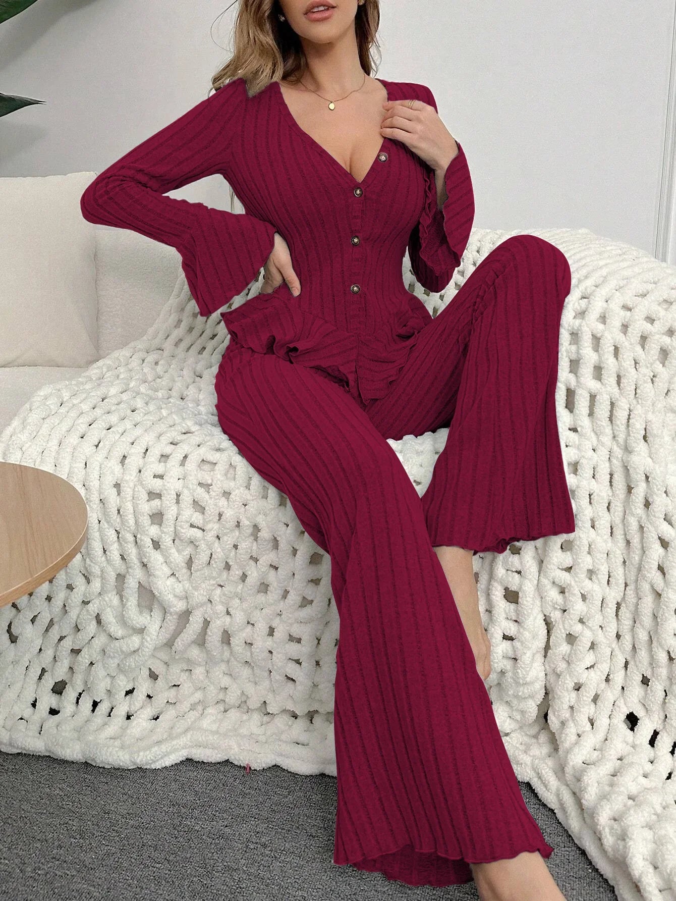 Autumn Winter Two Pieces Pajamas Sets Women Sleepwear Sexy V Neck Long Sleeve Tops and Trousers Set Loungewear Home Clothes