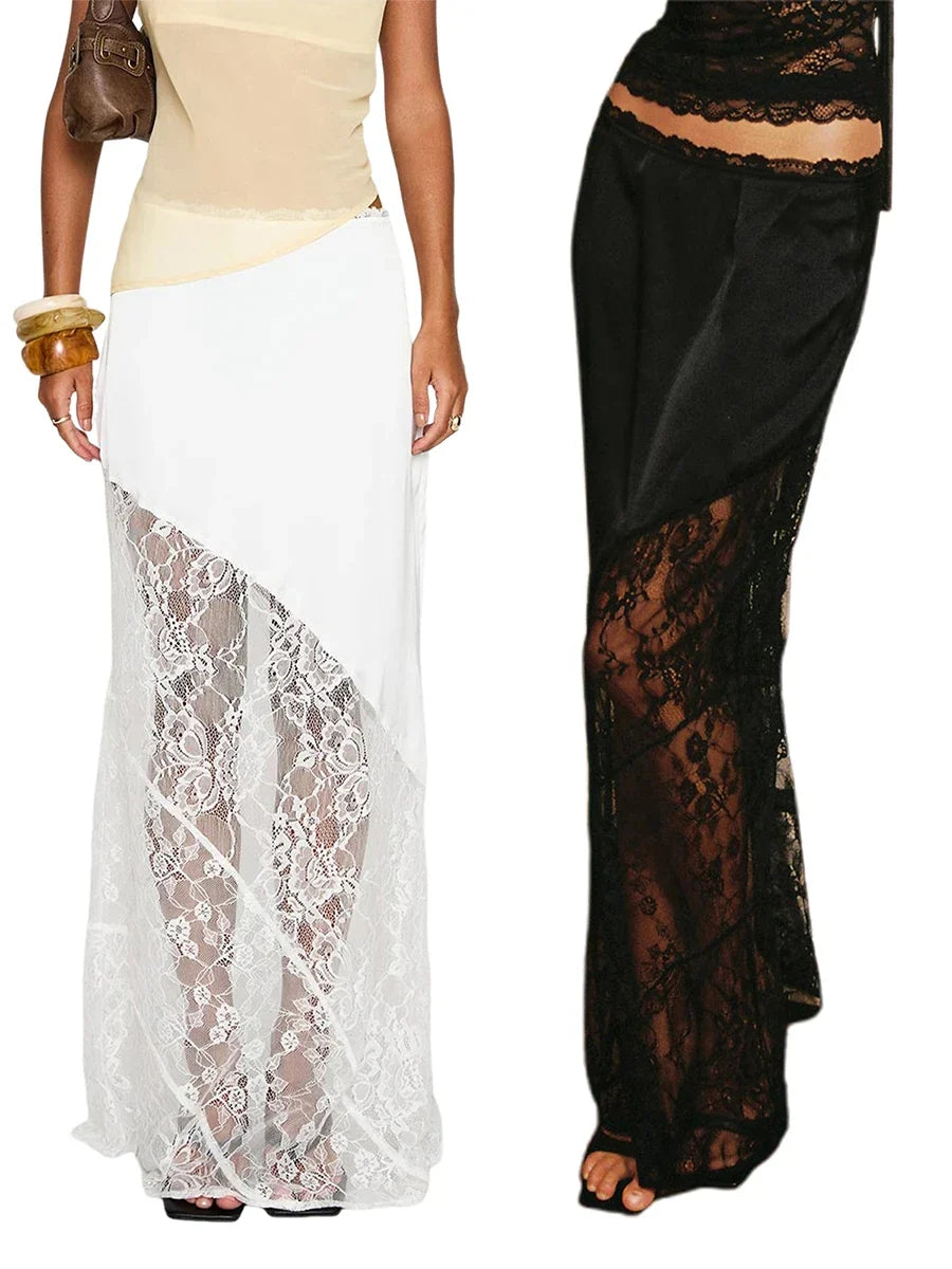 Women's Summer Satin Lace Patchwork Long Skirts Mid Waist Solid Color Fashion Elegant Asymmetric Skirts