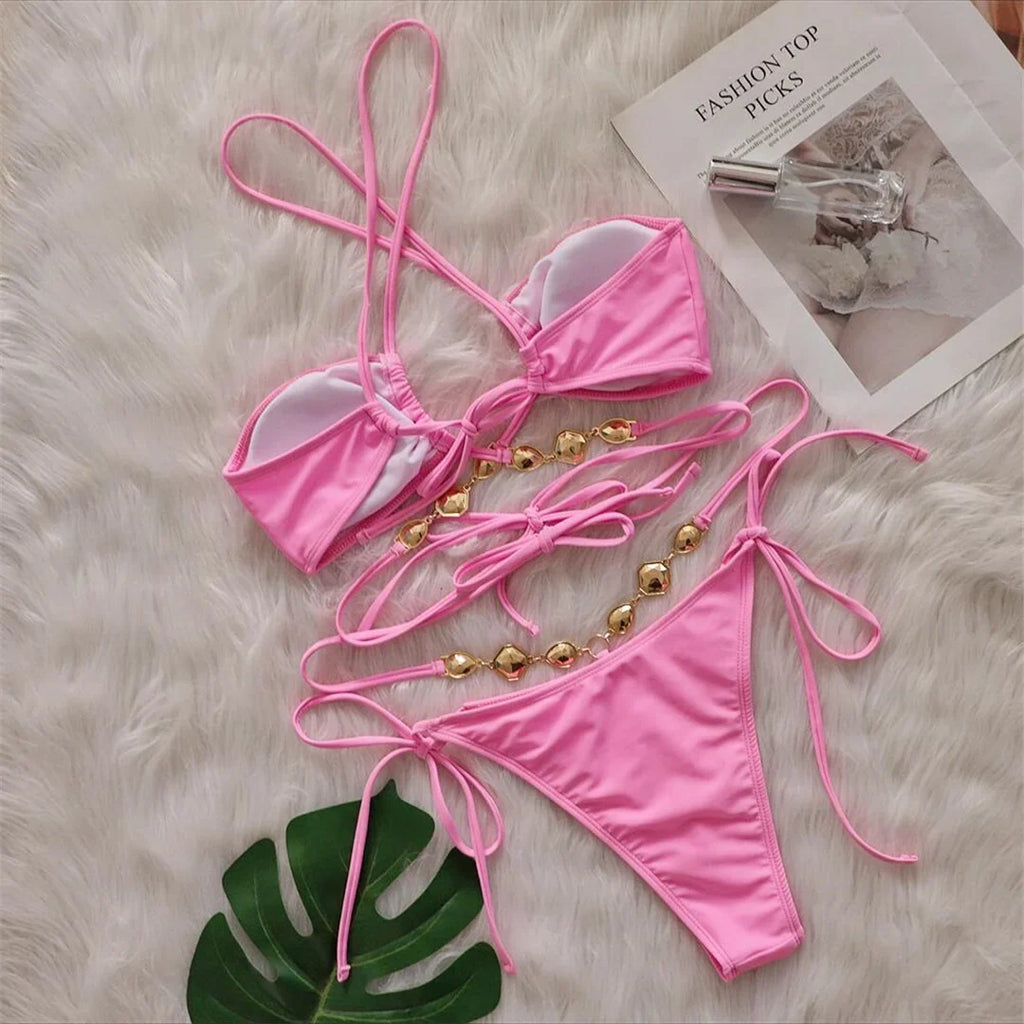 Sexy Diamond Rhinestones Wrap Around Bikini Female Swimsuit Women Swimwear Two-pieces Bikini Set Bather Bathing Suit Swim V5167