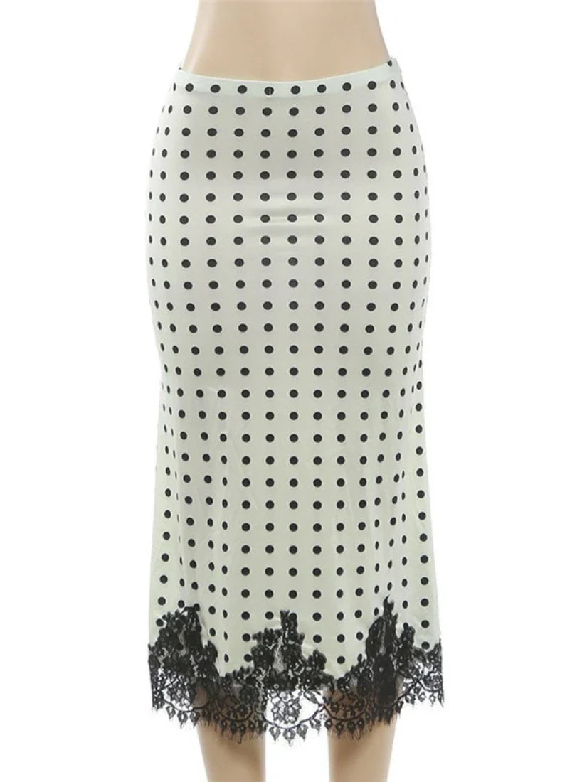 FDYOUI Elegant Polka Dot White Skirts for Women Chic Low Waist Lace Patchwork Mid-calf Skirt Office Lady Slim Dress Streetwear