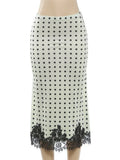 FDYOUI Elegant Polka Dot White Skirts for Women Chic Low Waist Lace Patchwork Mid-calf Skirt Office Lady Slim Dress Streetwear