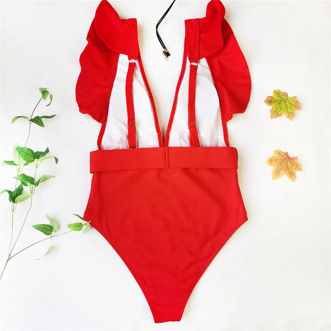 New Sexy Ruffled White Deep V One Piece Swimsuit Women Swimwear Female With Belt Monokini Bather Bathing Suit Swim Lady V2198