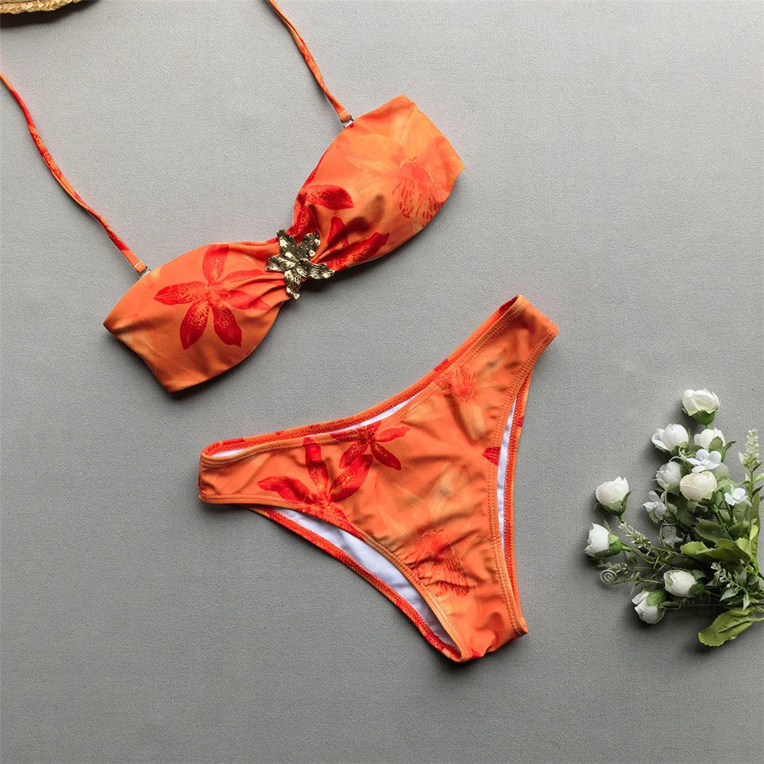 New With Skirt Metal Flower Printed Bikini Female Swimsuit Women Swimwear Three-Pieces Bikini Set Bather Bathing Suit Swim V7285