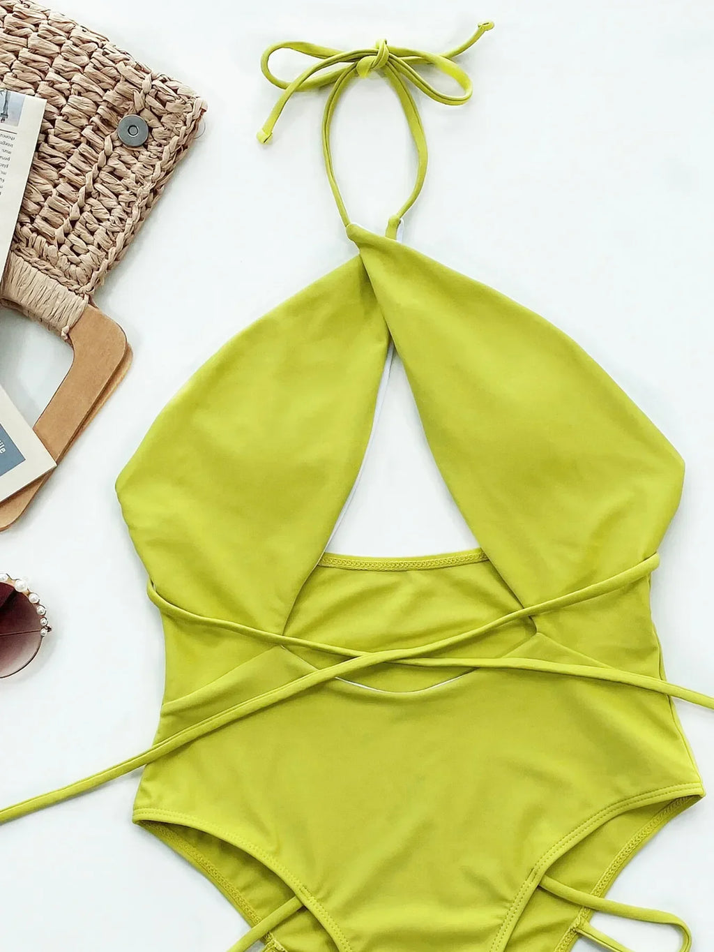2026 New One Piece Swimsuit Swimwear Women Solid Cross Halter Hollow Bandage Bathing Suit Beachwear Female Maillot De Bain Femme