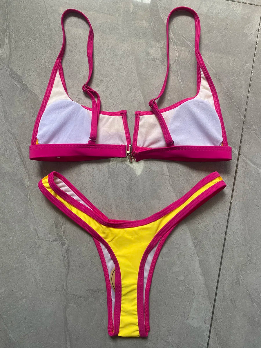 S - XL Splicing V Shaped Thong Bikini Women Swimsuit Female Swimwear Two Pieces Bikini Set Bather Push Up Bathing Suit Swim Lady
