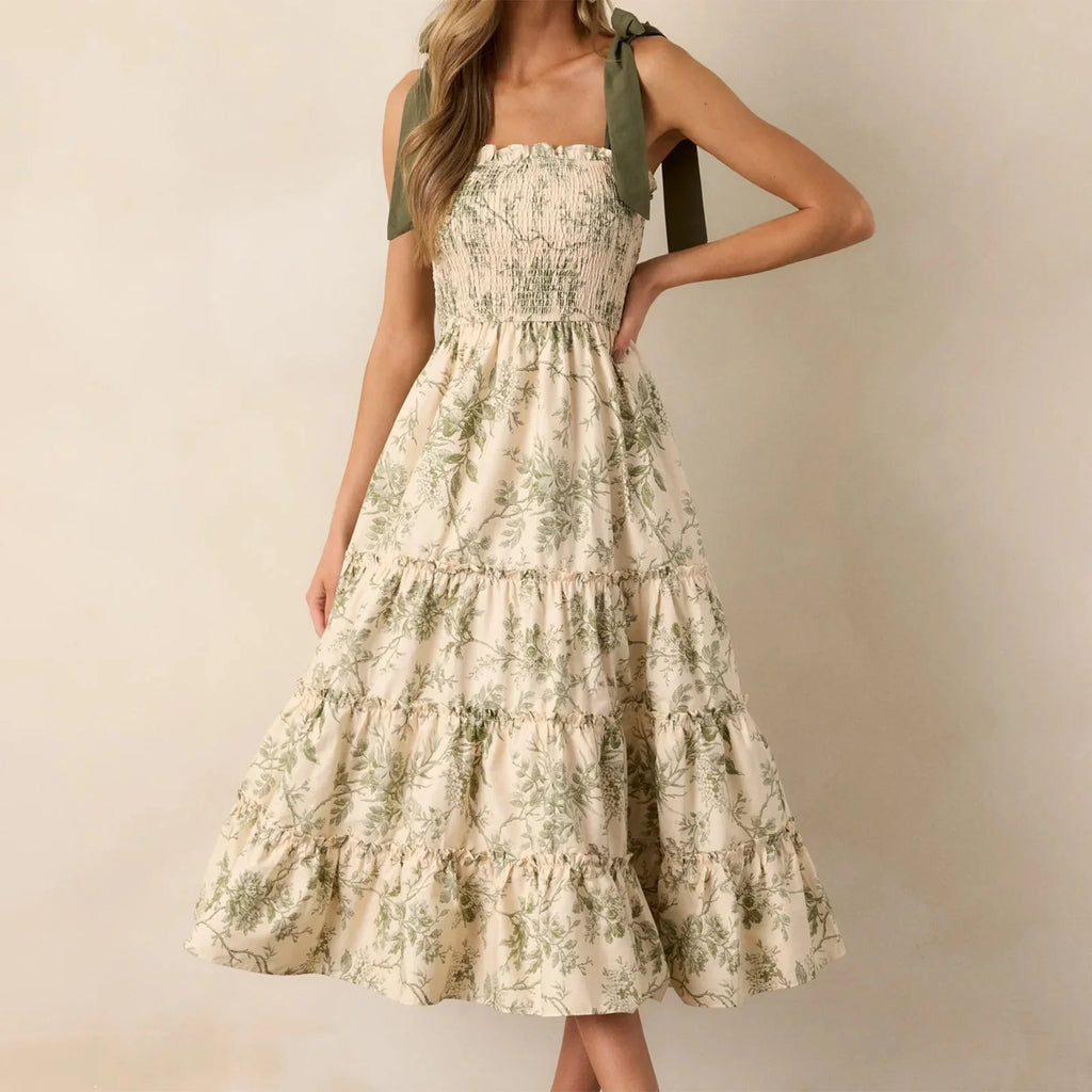 Women's Summer Floral Print Dresses Stylish Ruffled Trim Smocked Sleeveless Tie-Shoulder A-Line Dress