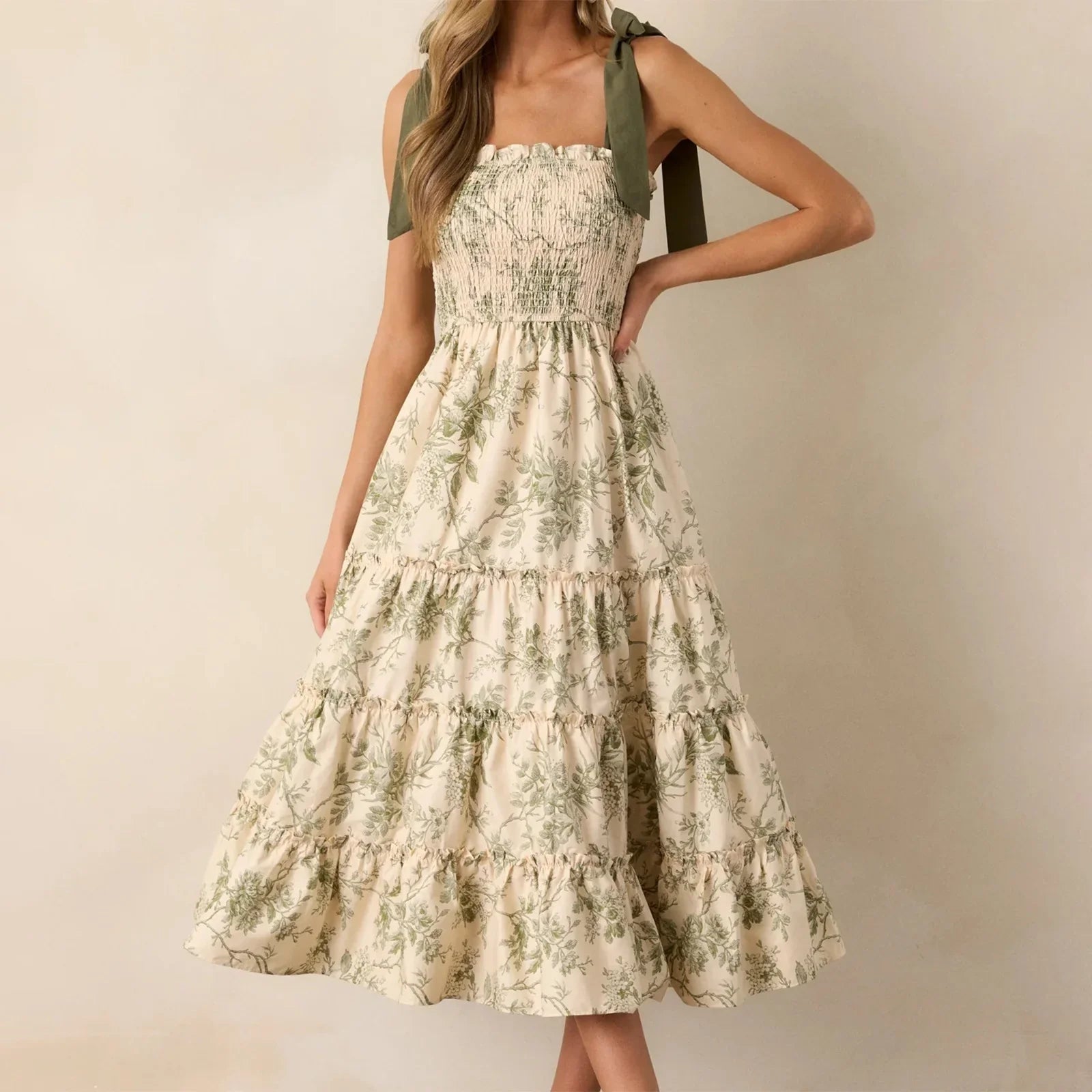 Women's Summer Floral Print Dresses Stylish Ruffled Trim Smocked Sleeveless Tie-Shoulder A-Line Dress